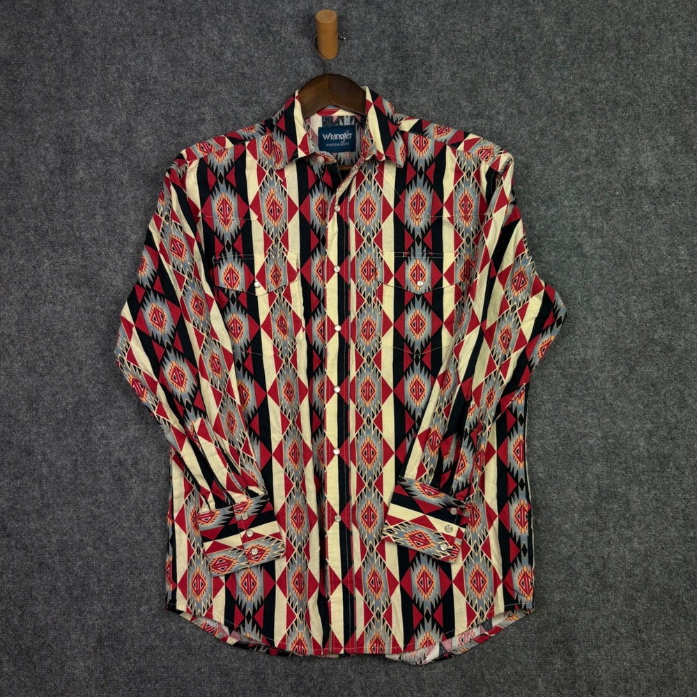 Wrangler Western Shirt Mens Medium M Red Aztec Geometric Snap Long Sleeve 0546